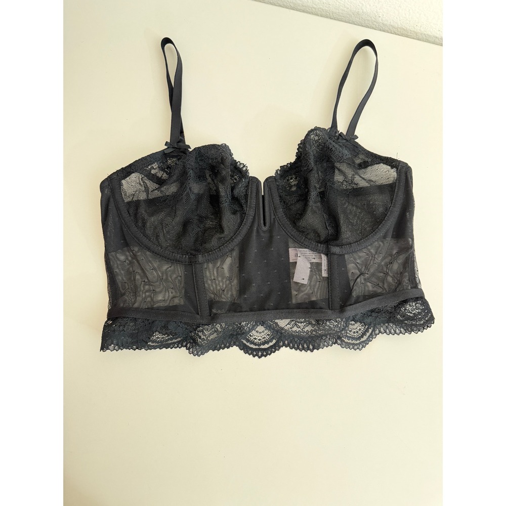 Auden Black Lace Longline Bra Bustier Top Sheer Mesh Underwire Size Medium